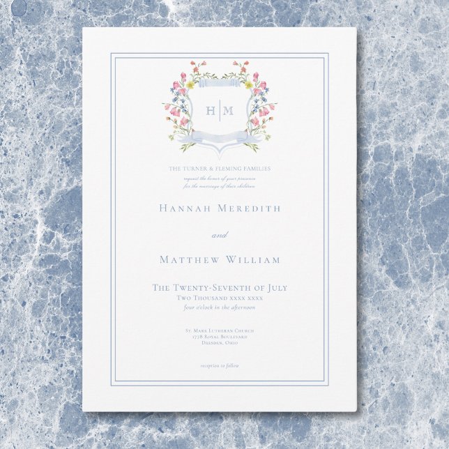 Invitation Blason de mariage élégant aux tons pastel de bleu  (Elegant Dusty Blue Pastel Wildflower Crest Wedding Invitation)