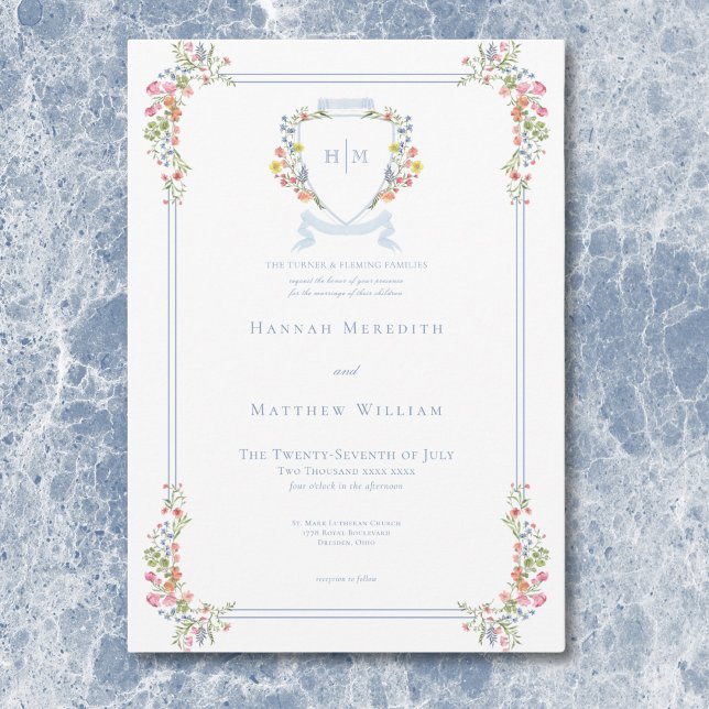 Invitation Blason de mariage élégant aux tons pastel de bleu  (Elegant Dusty Blue Pastel Wildflower Crest Wedding Invitation)