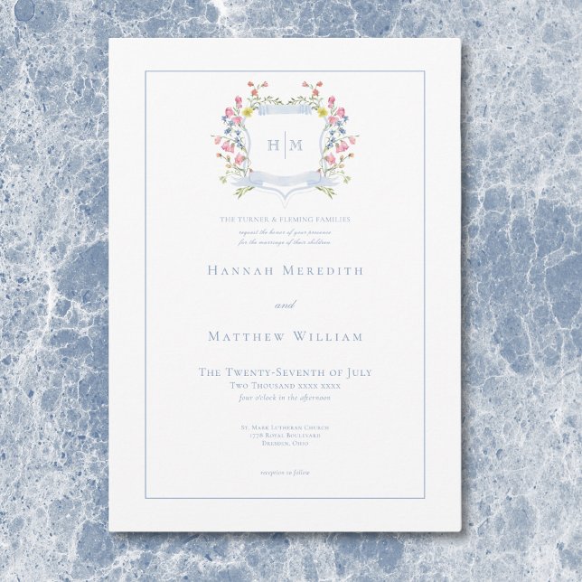 Invitation Blason de mariage élégant aux tons pastel de bleu  (Elegant Dusty Blue Pastel Wildflower Crest Wedding Invitation)
