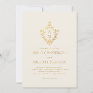 Invitation Blason de mariage Monogramme Ivoire Or Élégant Vin