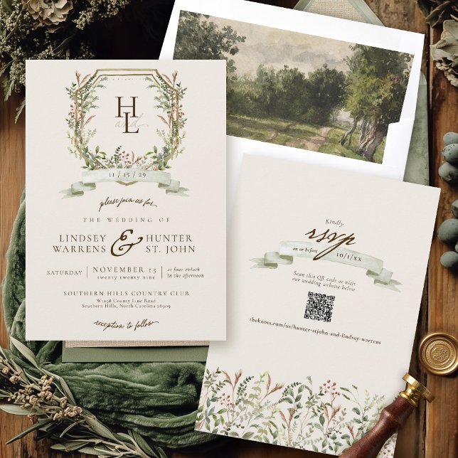 Invitation Blason de monogramme botanique vintage pour mariag (Vintage watercolor botanical monogram crest elegant sage green brown ivory QR code wedding invite)