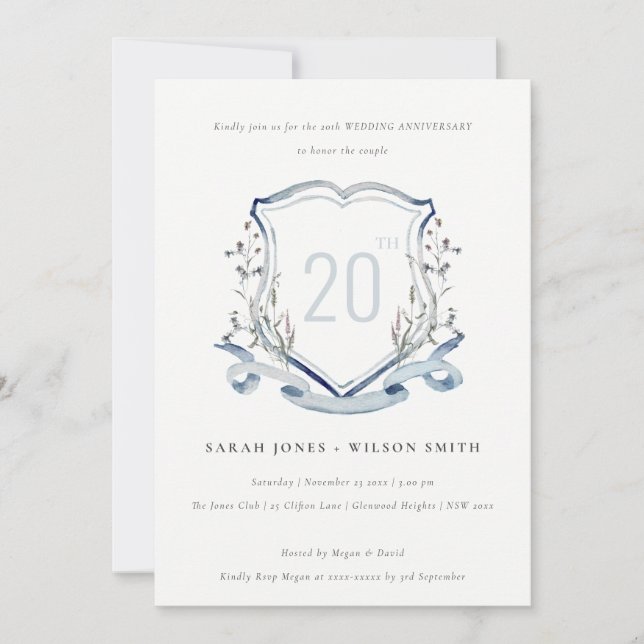 Invitation Blason de monogramme de fleur sauvage bleue Mariag (Devant)