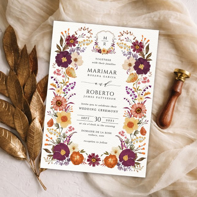 Invitation Blason de monogramme de mariage à fleurs peintes à (Créateur téléchargé)