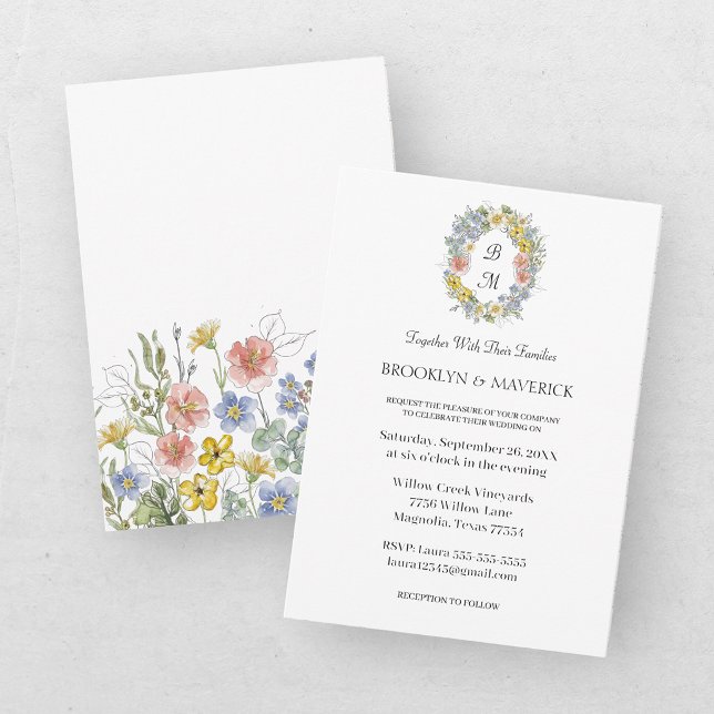 Invitation Blason de monogramme floral à fleurs sauvages élég (Créateur téléchargé)