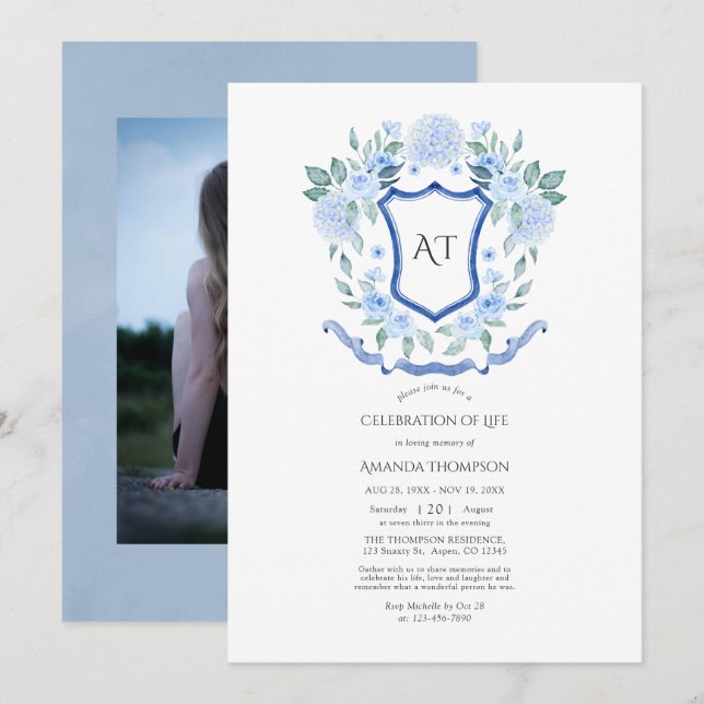 Invitation Blason de monogramme floral bleu Célébration de la (Devant / Derrière)