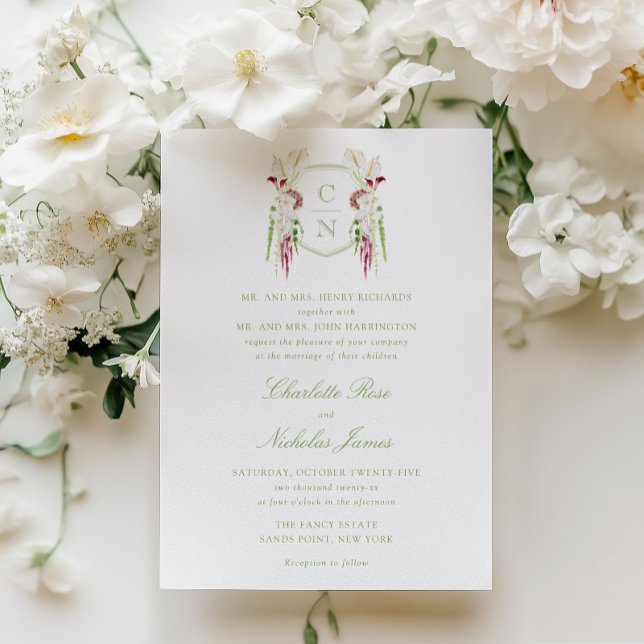 Invitation Blason de monogramme floral en cascade pour mariag (Créateur téléchargé)