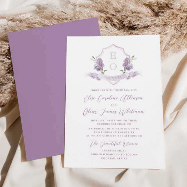 Invitation Blason de monogramme floral lilas pour mariage (Créateur téléchargé)