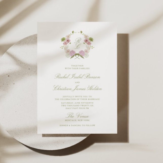 Invitation Blason de monogramme floral vert rose pour mariage (Créateur téléchargé)