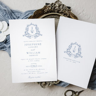 Invitation Blason de monogramme traditionnel bleu élégant de