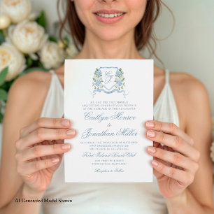 Invitation Blason Floral Aquarelle Bleu Poussiéreux Mariage