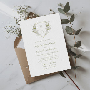 Invitation Blason Floral Blanc Vert Romantique de Mariage Mon