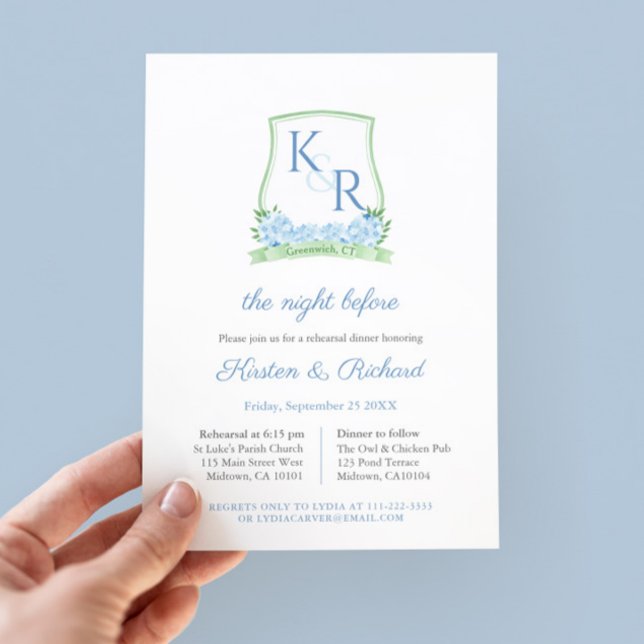 Invitation Blason Floral Élégant pour la Répétition de Mariag (Watercolor Green And Blue Monogram Crest Wedding Rehearsal Dinner invitation mockup)