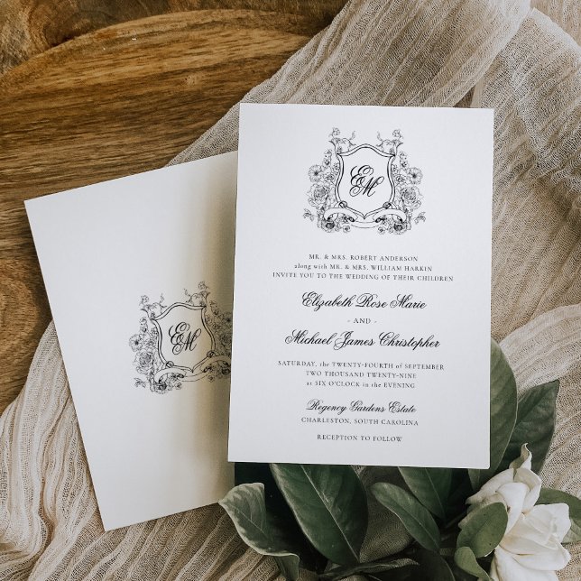 Invitation Blason Floral Formel Monogramme Élégant Mariage (Créateur téléchargé)