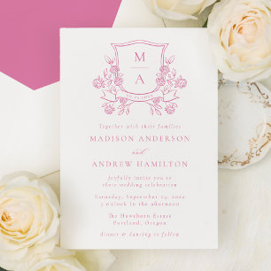 Invitation Blason Floral Rose Élégant Monogramme de Mariage