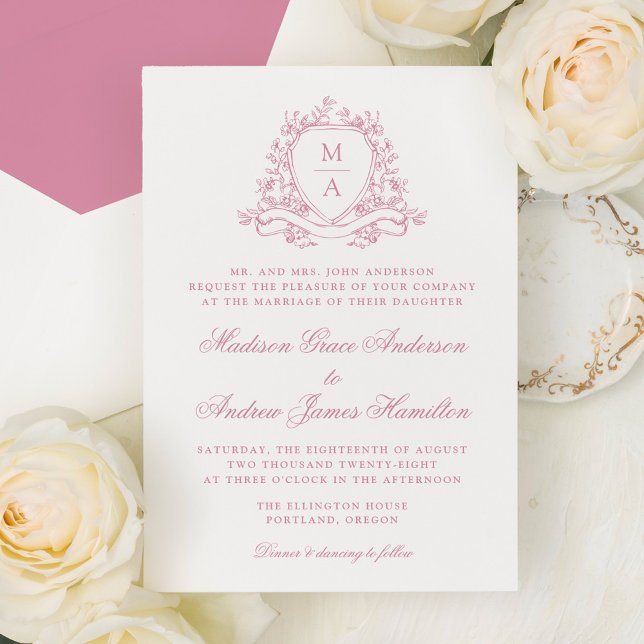 Invitation Blason Floral Rose Élégant Monogramme de Mariage (Créateur téléchargé)