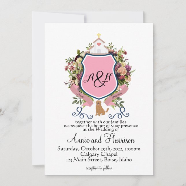 Invitation Blason floral rose monogramme Golden Retriever (Devant)