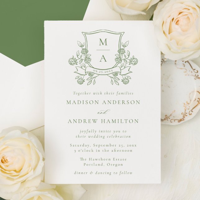 Invitation Blason Floral Vert Élégant Monogramme de Mariage (Créateur téléchargé)