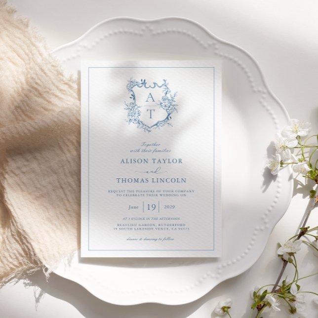Invitation Blason Formel Vibrant Mariage Monogramme Bleu (Créateur téléchargé)