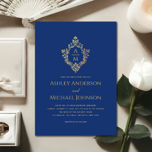 Invitation Blason Monogramme Bleu Royal Faux Or Feuille Maria