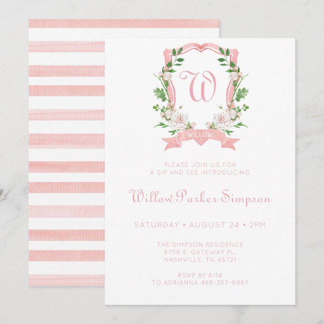 Invitation Blason Monogrammé Floral Fille Sip And See (Devant / Derrière)