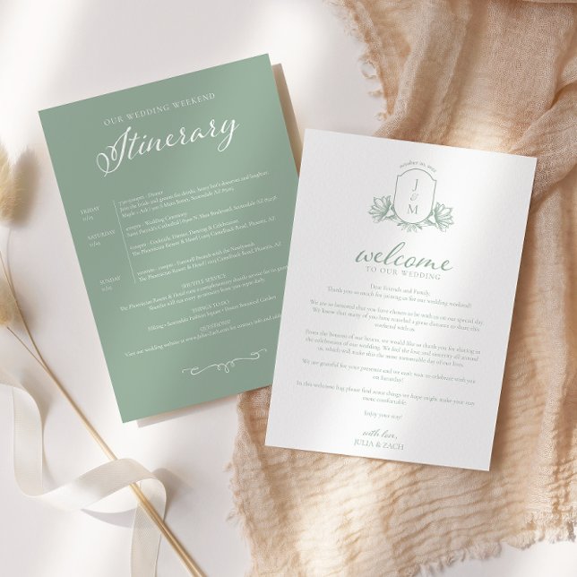 Invitation Blason Victorien Vert Sauge Bienvenue/Itinéraire (Créateur téléchargé)