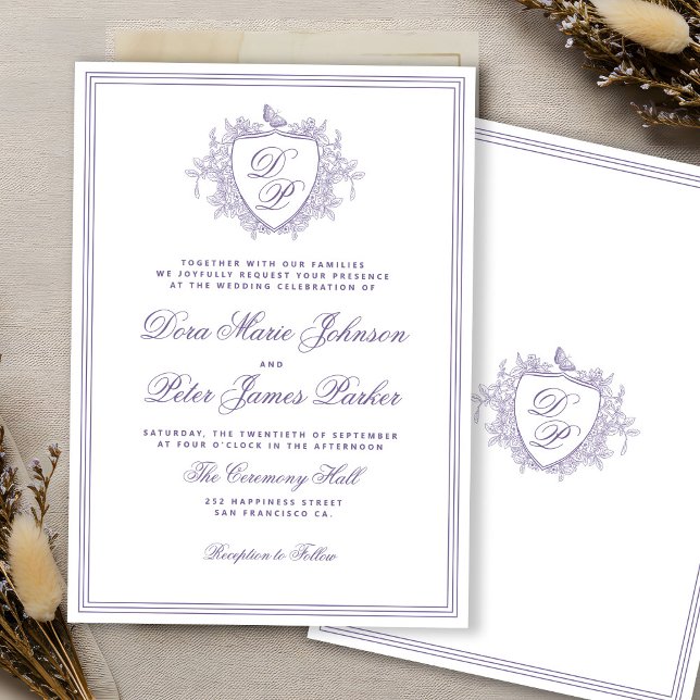 Invitation Blason vintage lavande mariage monogramme (Créateur téléchargé)