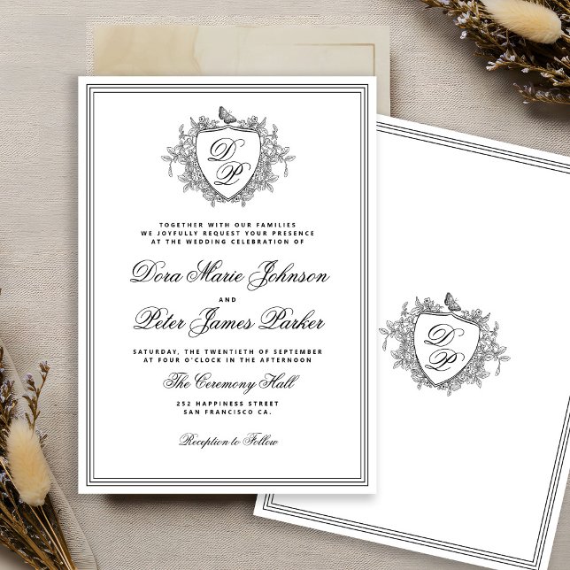 Invitation Blason vintage noir et blanc mariage monogramme (Créateur téléchargé)