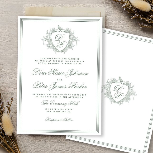 Invitation Blason vintage vert sauge mariage (Créateur téléchargé)