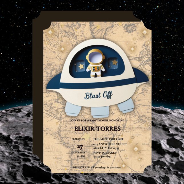 Invitation Blast Off ! Baby shower d'astronautes Vintages (Créateur téléchargé)