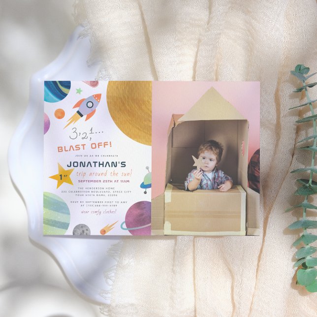 Invitation Blast Off ! Voyage Autour Du Soleil Boy Photo Anni (Créateur téléchargé)