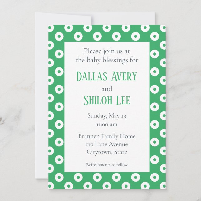Invitation Blessure Bébé Joyeux Whimsy Green Polka-Dot Twin B (Devant)