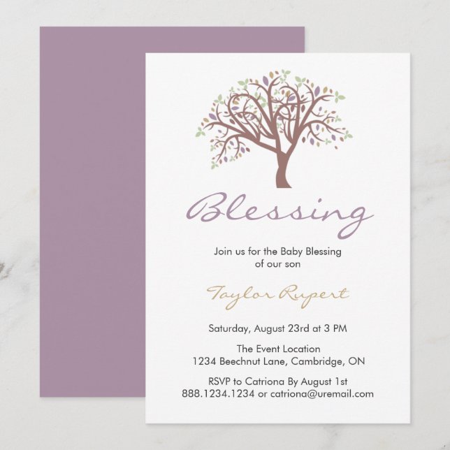 Invitation Blessure Whimsical Purple Tree Bébé (Devant / Derrière)