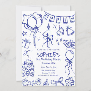 Invitation Bleu 1er Anniversaire Invitation, Main dessinée An