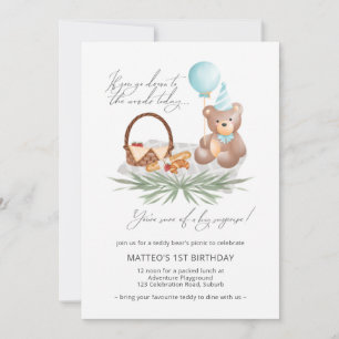 Invitation Bleu 1er Anniversaire Teddy Bear Pique-nique Ballo