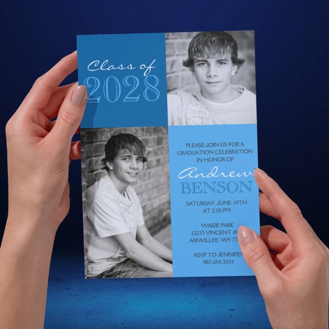 Invitation Bleu 2 Toné Classic 2 Photo Graduation (Classic 2 Photo 2 Toned Blue Graduation Invitations)