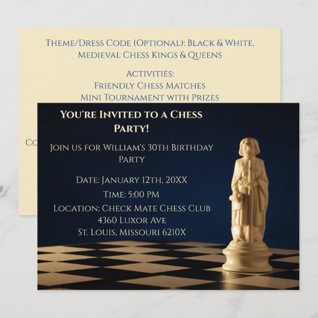 Invitation Bleu 30e anniversaire d'échecs évêque (Devant / Derrière)