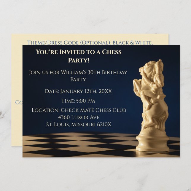 Invitation Bleu 30e anniversaire jeu d'échecs Chevalier (Devant / Derrière)