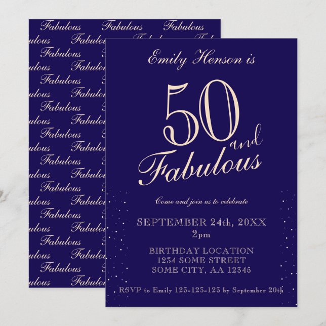 Invitation Bleu 50 ans et Fantastique Écriture Élégante Anniv (Devant / Derrière)