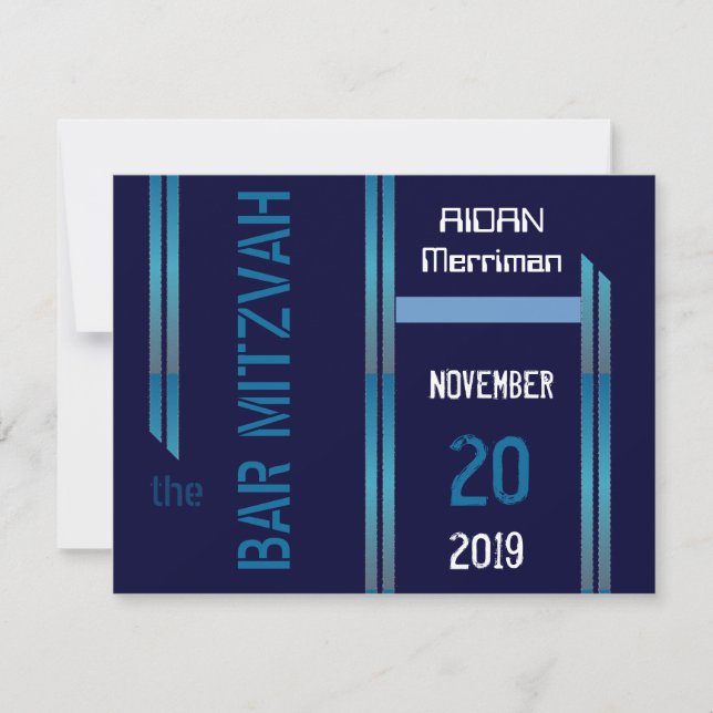 Invitation Bleu à rayures métalliques Bar Mitzvah (Devant)