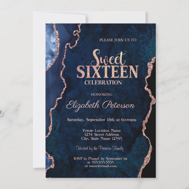 Invitation Bleu Agate Marbre Rose Gold Sweet 16 (Devant)