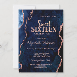 Invitation Bleu Agate Marbre Rose Gold Sweet 16