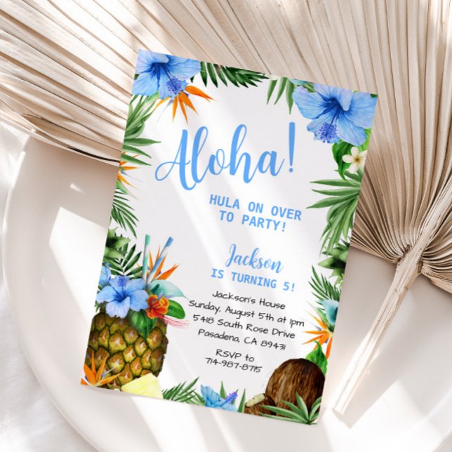 Invitation Bleu Aloha Anniversaire, Hawaiian Luau Tropical (Créateur téléchargé)
