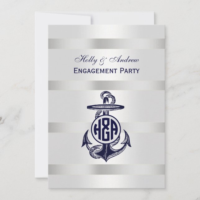 Invitation Bleu Ancre Argent Blanc Marine Monogramme 33 (Devant)