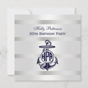 Invitation Bleu Ancre Argent Blanc Marine Monogramme 33