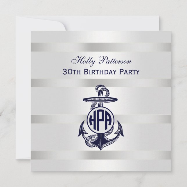 Invitation Bleu Ancre Argent Blanc Marine Monogramme 33 (Devant)
