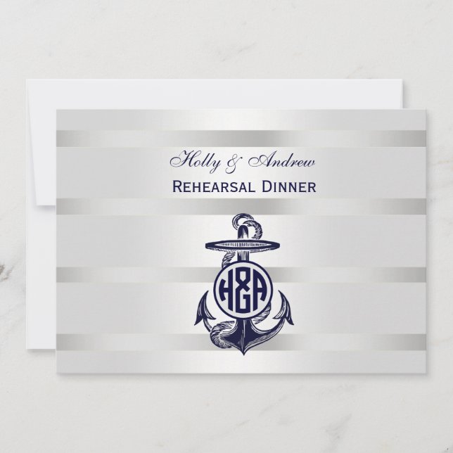Invitation Bleu Ancre Argent Blanc Marine Monogramme 33 (Devant)