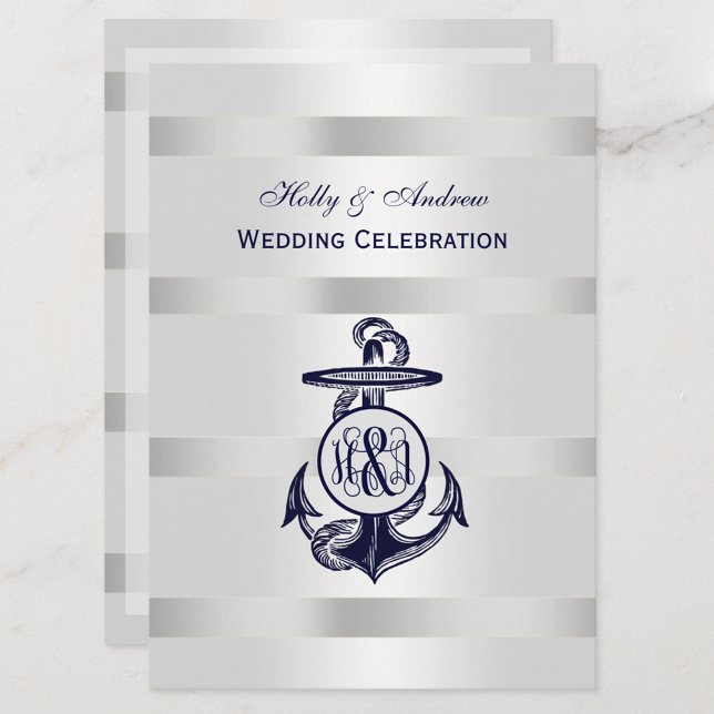 Invitation Bleu Ancre Argent Blanc Marine Vigne Monogramme 33 (Créateur téléchargé)