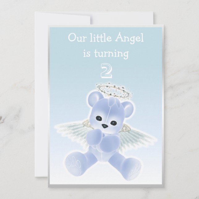 Invitation Bleu Angel de Boy Teddy Bear 2e fête d'anniversair (Devant)