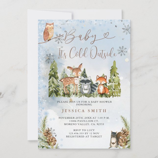 Invitation Bleu Animaux d'hiver Baby shower pour garçons de b (Devant)