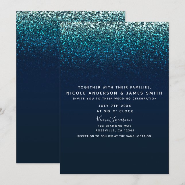 Invitation Bleu Aqua Marine Paillettes Scintillement Glamour  (Devant / Derrière)